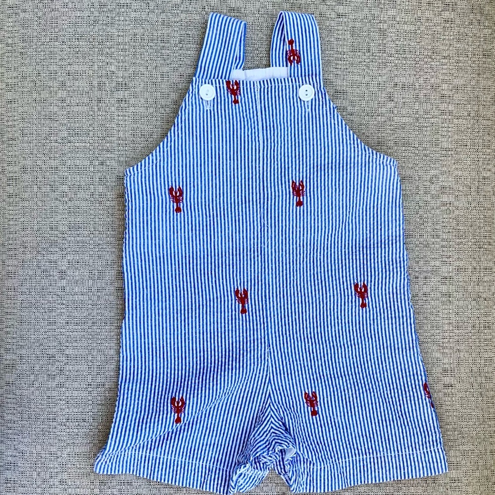 Charming Blue and White Striped Overalls with Embroidered Lobster 6M